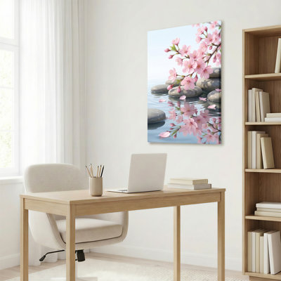 Fleurs de cerisier et pierres zen, reproduction d'art sur toile tendue sur toile, ensemble de 1