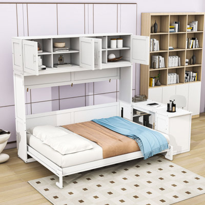 Grand lit escamotable mural avec bureau, armoires de rangement et tablettes