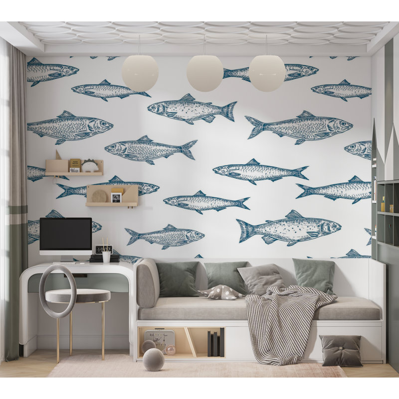 Murale pelez et collez de qualité supérieure - Motif de poisson, L 96 po x l 120 po