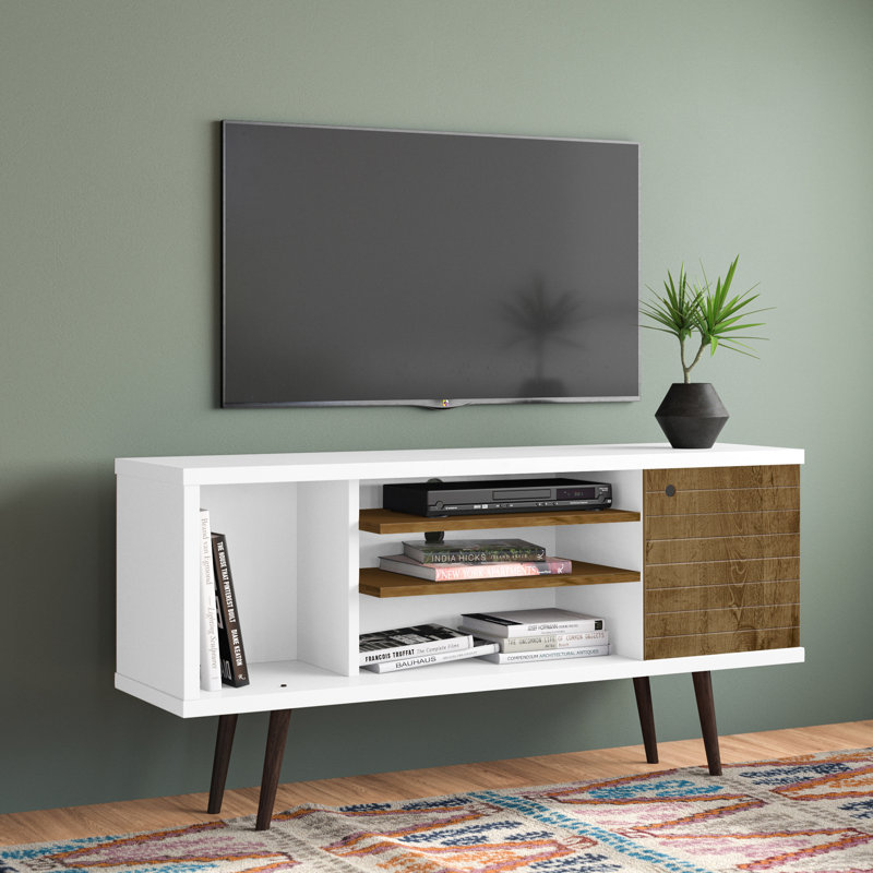 Liberty 53" Mid-Century Modern 5-Shelf TV Stand for TVs up to 50" in White and Rustic Brown, White/Rustic Brown