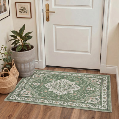 Tapis vert sauge vintage à motifs floraux, lavable à la machine, style botanique oriental, antidérapant