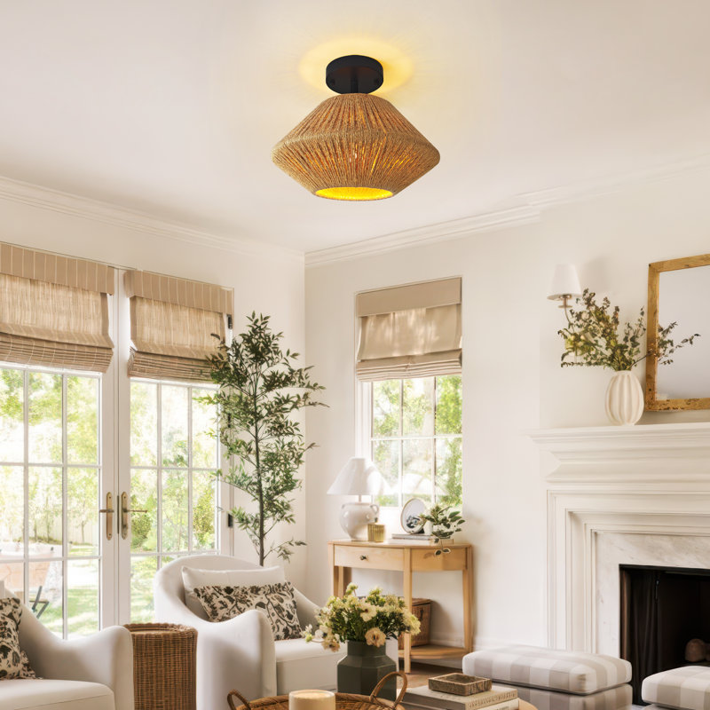 9.6" 1-Light Boho Natural Hemp Rope Semi Flush Mount Light,For Living Room, Kitchen, Hallway(Bulb Not Include)
