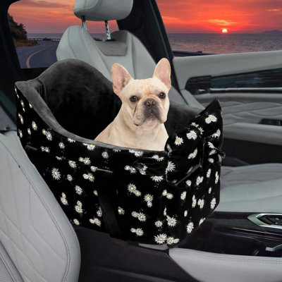 Anti-anxiety center console pet bed designed for toy breeds such as Chihuahuas and Yorkies up to 11 pounds; features a collapse-resistant structure; secure portable seat ideal for compact cars; black finish.