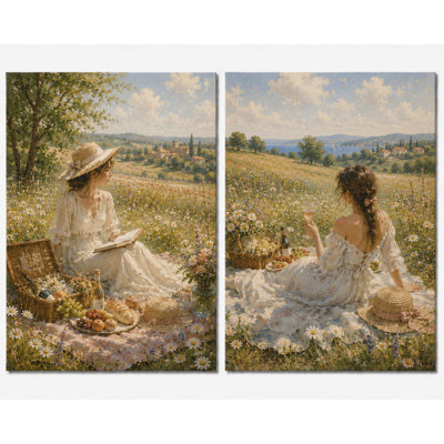 Très grand ensemble de 2 pique-niques romantiques campagne, impression sur toile, prairie française, lecture de vin et de lecture pour chambre à coucher, salon, salle à manger, impression sur toile 24 x 36 pouces - prête à être accrochée