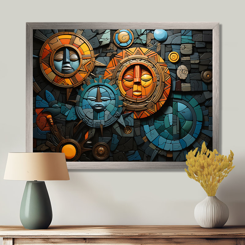 African Cultural Mosaic On Canvas Print, 24" H x 32" W x 1" D, Silver Floater Framed