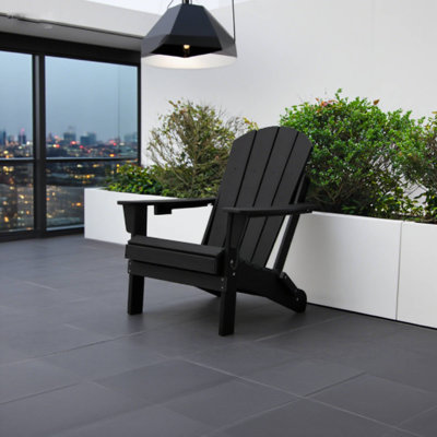 Black HDPE Folding Adirondack Chair – Dual Cup Holder, Wood-Texture Composite