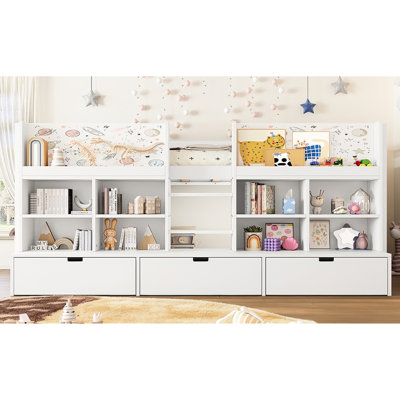White Twin Xl Low Loft Bed With Storage For And Essentials, Curtain, Chalkboard, Ideal Bedrooms Size Bed, White, Multi - Storage Shelves, No Box Spring Required
