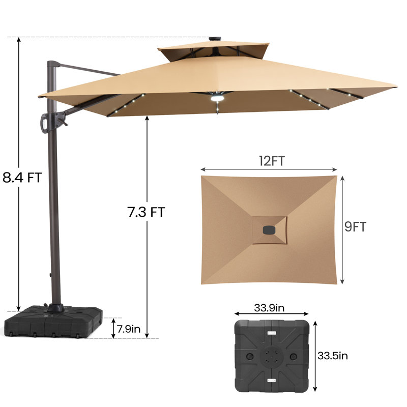 Parasol de terrasse rectangulaire en porte-à-faux avec base lestée 12 pi x 9 pi Wasif, Tanné