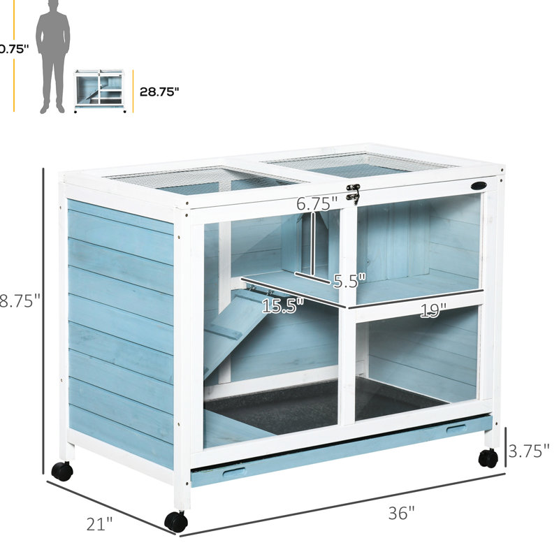 Lapin à roulettes - bleu, bureau et table d'appoint de taille imperméable, cage en bois pour 1 ou 2 lapins nains, roues de taille compacte