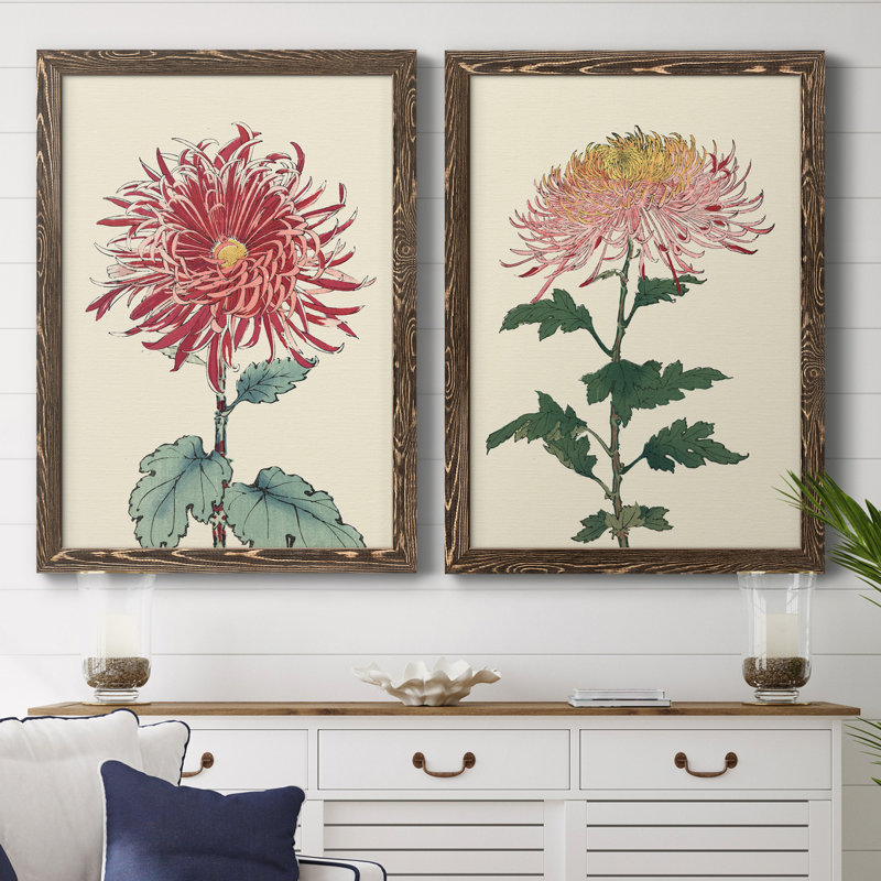 Toile de chrysanthème, Toile avec cadre en noyer, H 37,5 po x l 55 po x P 1,5 po