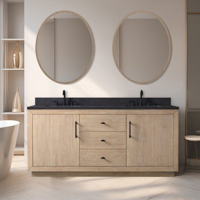Meuble-lavabo autoportant à double cuve 72 po avec plateau en calcaire noir Avignon