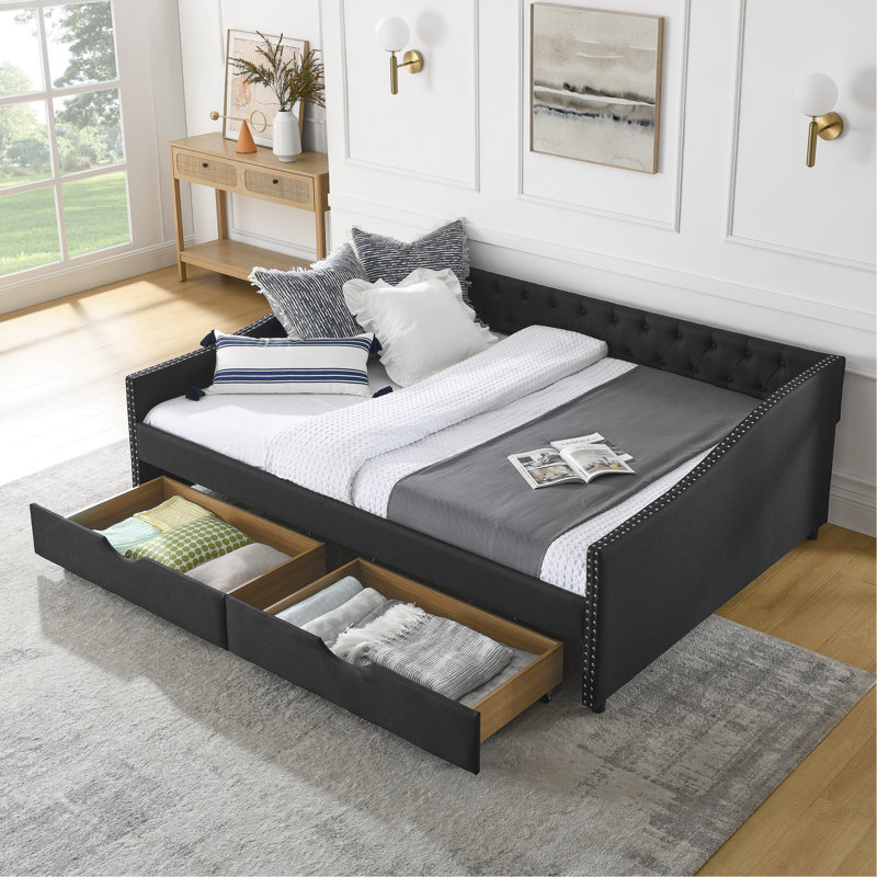 Indoor Daybed With Drawers, 26.48" H x 84.48" W x 63.48" D, Black