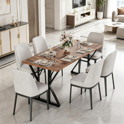 Table de salle à manger rectangulaire 71 "pour 4-6, table de cuisine industrielle brune avec plateau imperméable et structure en métal robuste