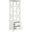 Bibliothèque blanche à 4 tablettes avec fabrication en bois, placage de frêne brun, forme en X, plateau à deux tiroirs pour le rangement, conception géométrique, décor côtier à tiroirs
