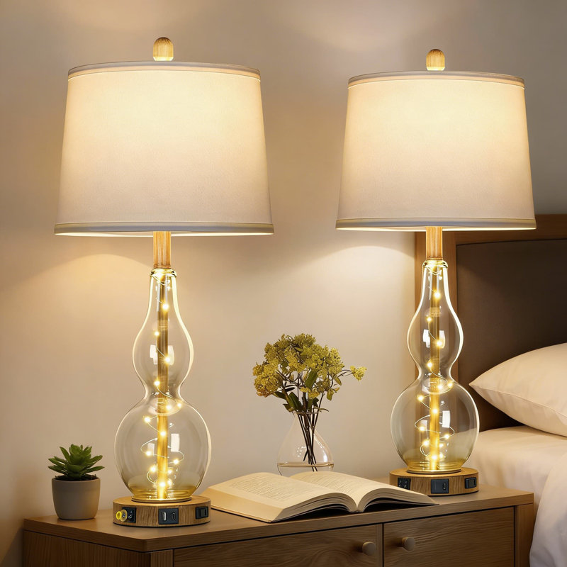 Ensemble de 2 lampes de table modernes avec veilleuse, ports de charge USB et prise de courant, lampes de chevet en verre transparent pour chambre à coucher et salon