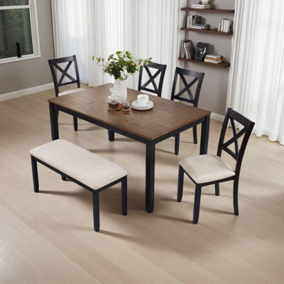 Dining Table Set With Bench, Classic Wooden Dining Table , Timeless Farmhouse 6-Person Dining Table Set For Dining Room, Kitchen