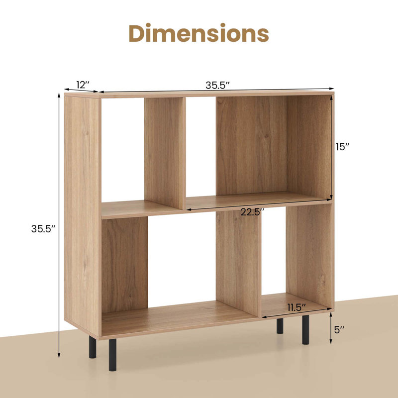 Open Shelf Bookcase Mid Century Modern Cube Bookshelf With 4 Compartments, Natural