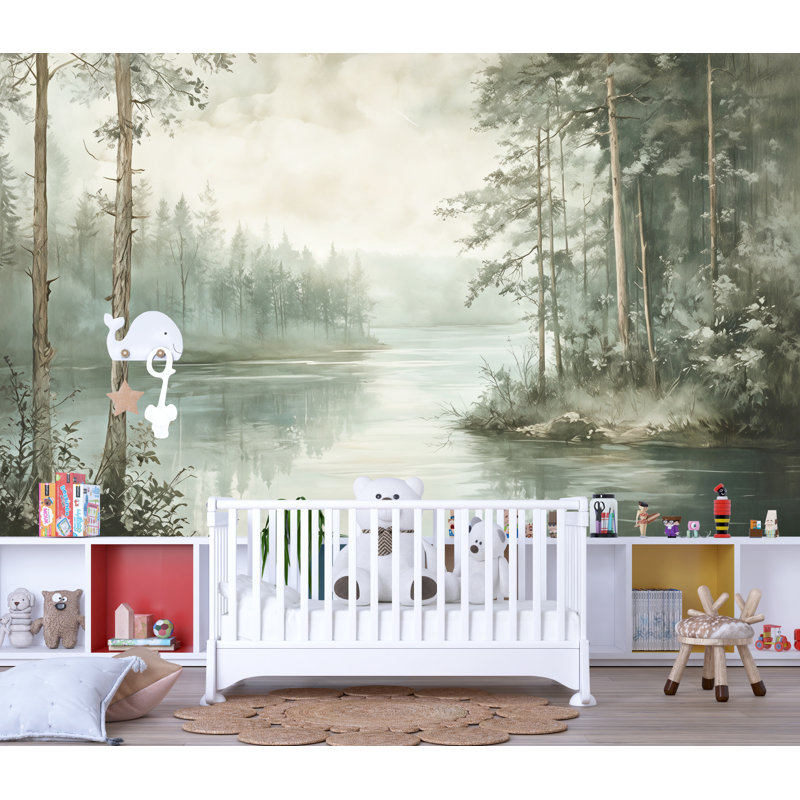 Murale Misty Forest Lake - Nature Landscape,  L 75 po x l 50 po, Peler et coller