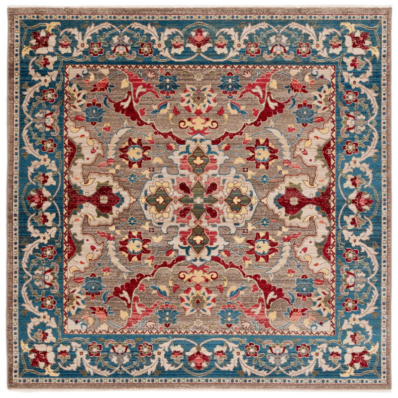 Bisen Performance Oriental Rug, Square 6'7", Taupe/Blue