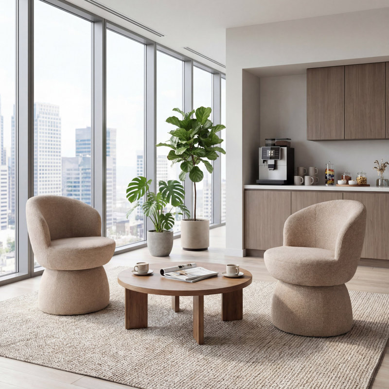 Fauteuil d'appoint rembourré pivotant sans accoudoirs tonneau Boucle, Mélange de polyester café