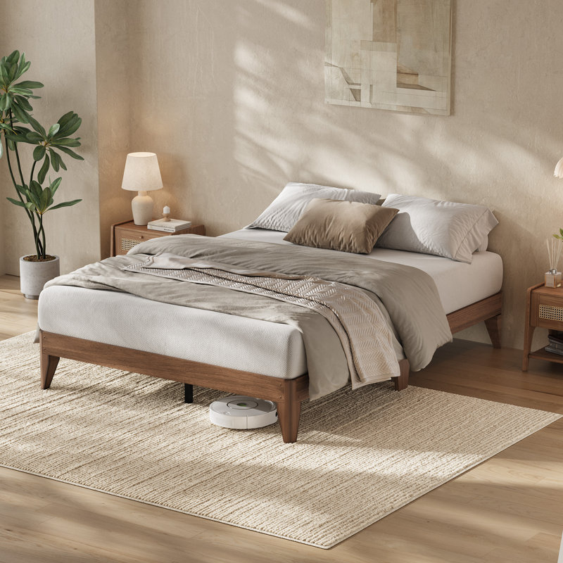 Base de lit plateforme en bois, pieds en bois et support central en métal robuste, lattes en bois, aucun sommier requis, Brun