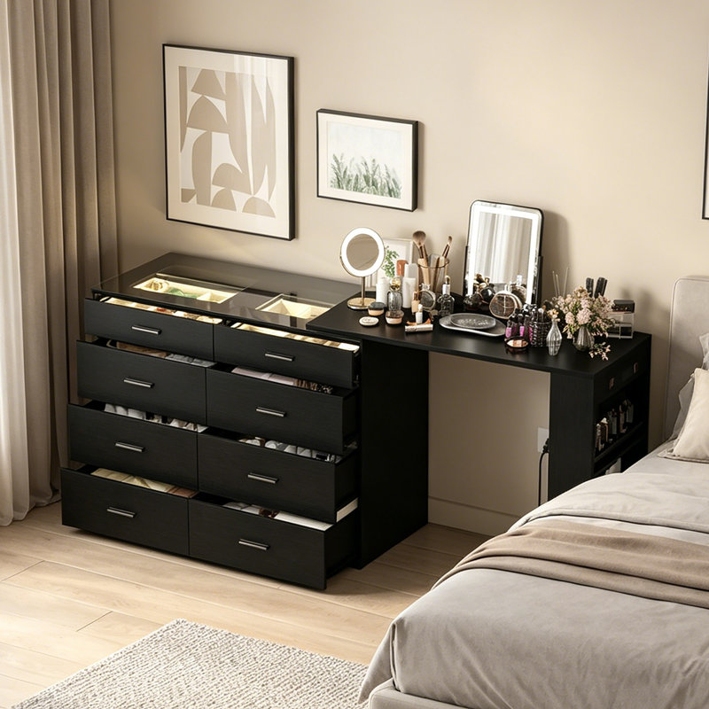 Meuble-lavabo extensible avec présentoir en verre, 8 tiroirs et rangement pour tablettes