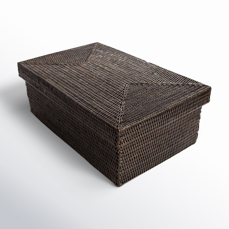 Hand-Woven Rattan Rectangular Bin with Lid, 6" H x 14" W x 10" D, Tudor Black