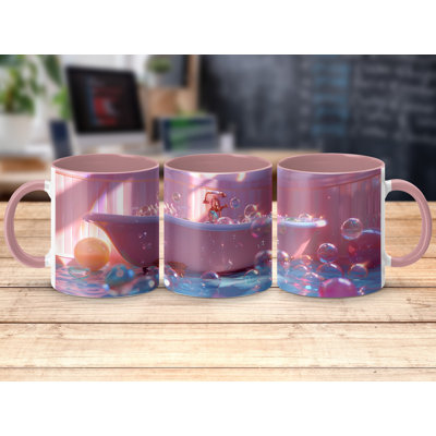 Set of 2 3D Design 11oz Accent Mugs – Ceramic Coffee Cups with a Pink Handle and Interior