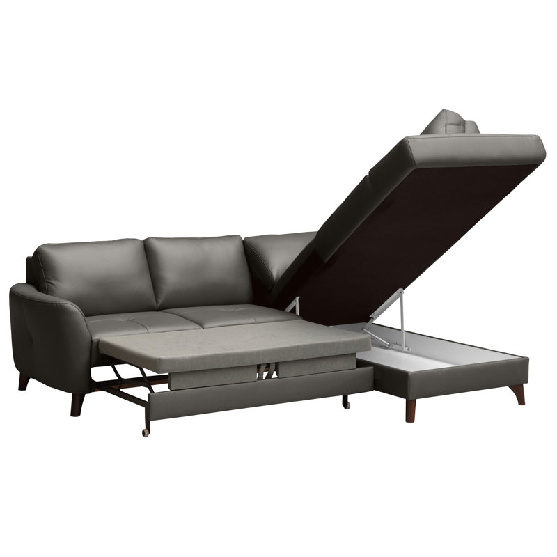 Migues Leather Corner Sofa with Sleeping Function and Storage, Dark Grey, Right Hand Facing