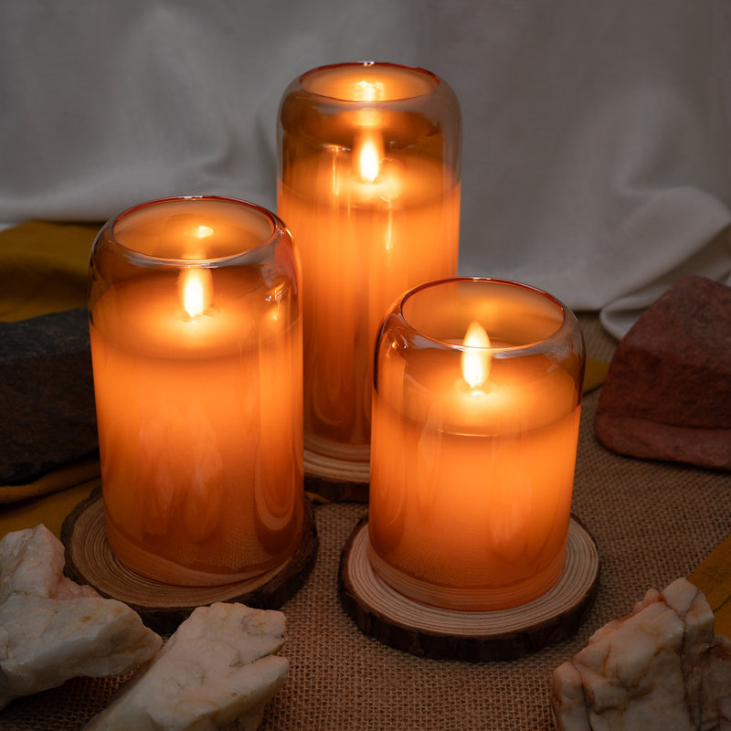 Bougies sans flamme à DEL en verre miroitant rondes à DEL avec ouragan, flammes scintillantes, fonctionnement à pile (inclus), télécommande et minuterie (ensemble de 3, gris métallique)