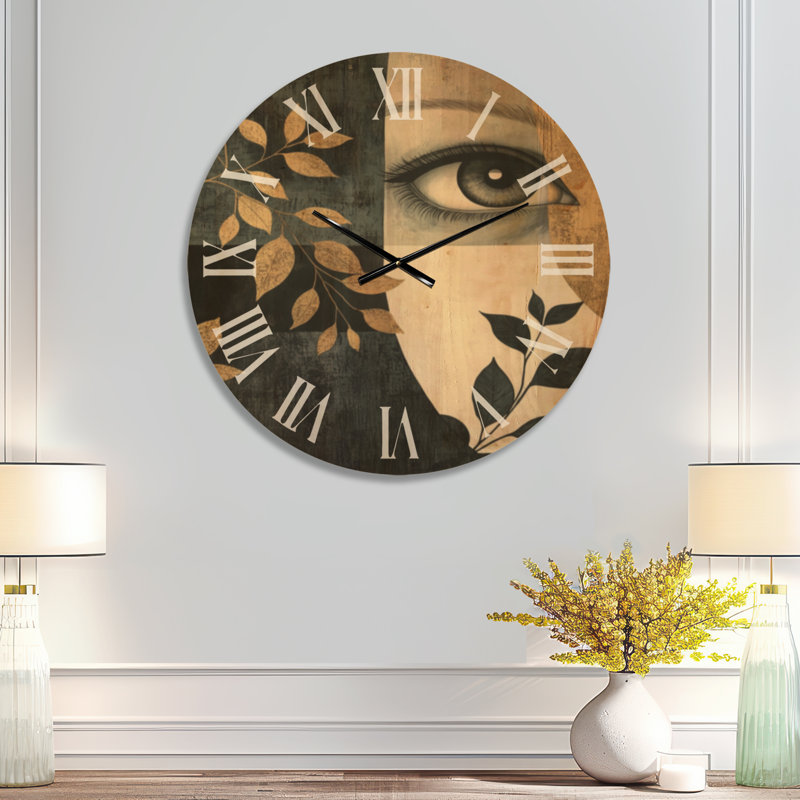 Gilded Leaf Muse - Horloge murale ronde glamour, impression sur bois, Grand