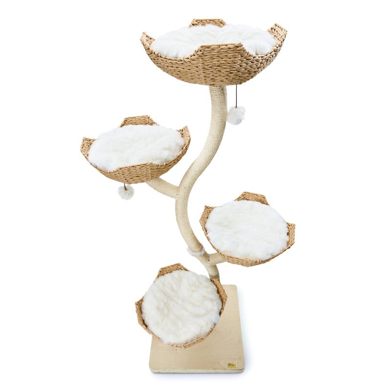 73'' Tall Beige Sisal and Wood Modern Cat Tree Tower
