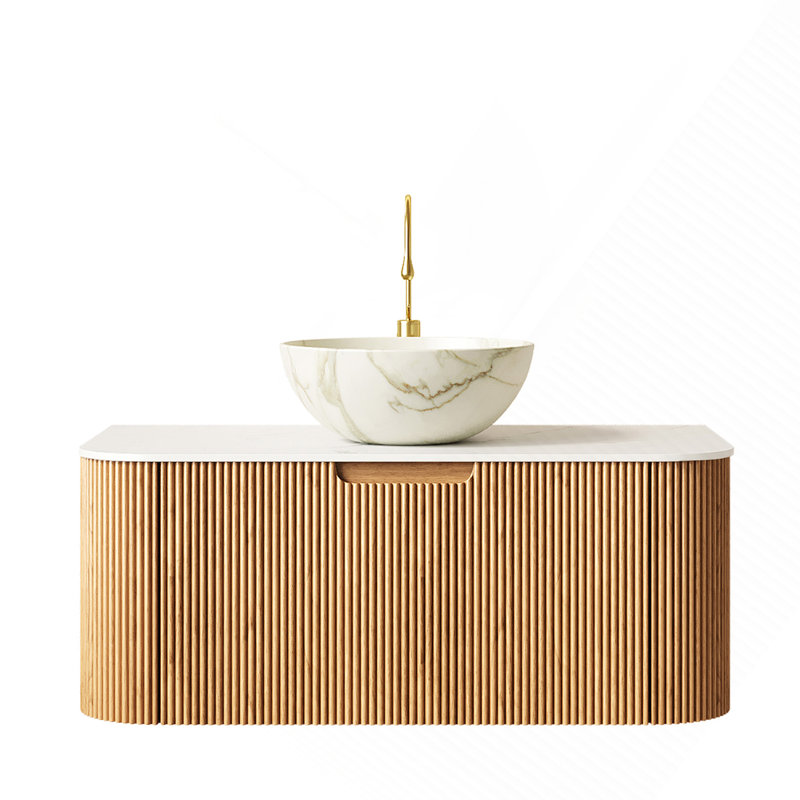 Meuble-lavabo 36 po, meuble-lavabo rayé à bords arrondis avec tiroir, cuve en céramique blanc mat et plateau en pierre frittée blanche, grain de bois naturel pré-assemblé