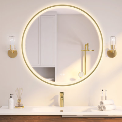 Gold Frame LED Mirror Round, Adjustable Brightness, 3 Colours, Anti-Fog, Touch Control, Plug-In