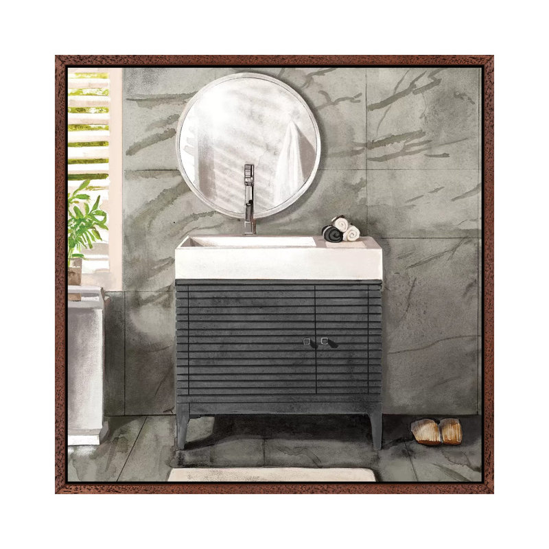 Marble Bath II Black And White by Bannarot - Painting on Canvas, Classic Brown Wood Framed, 66.04cm H x 66.04cm W x 3.81cm D