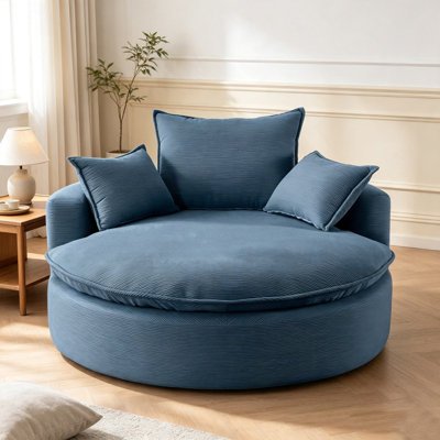 58" Oversized Swivel Accent Chair, Round Barrel Chair with Dual-Layer Cushion, Corduroy Lounge Chair with 3 Removable Pillows, 360° Swivel Chaise Lounge for Living Room, Bedroom & Apartment