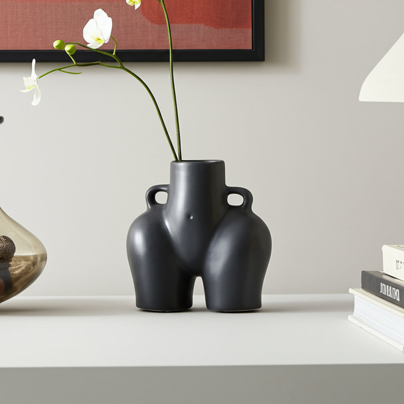 Brezhoneg Stoneware Ceramic Vase with Artistic Sculptural Design and Modern Abstract Aesthetic, Black, 7" H x 7" W x 4" D