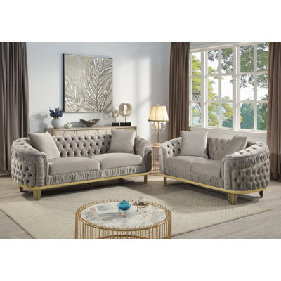 Portofino Luxe Velvet 2-Piece Sofa & Loveseat Set with Gold Base