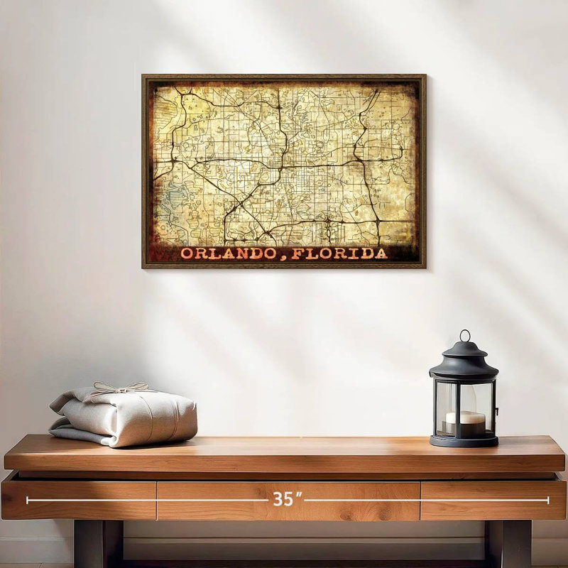 Vintage Orlando City Map, 19" X 13", Floating Frame Walnut