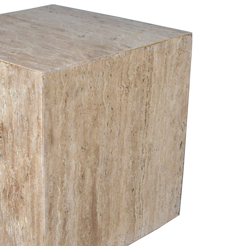 Felix 15" Minimalist Marble Cube End Table, Natural Travertine Beige Stone Square Block Side Table, Solid Glossy Living Room Accent Pedestal
