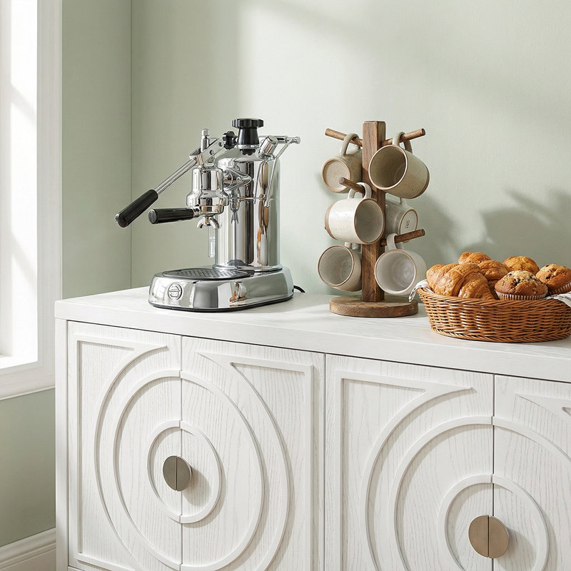 Rustic Kitchen Cabinet - Rubber Wood Construction, Distressed Finish,Rounded Door Design, Adjustable Shelves, White