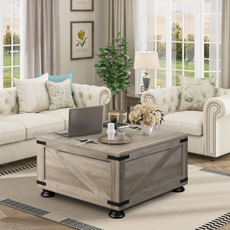 Table basse carrée 31,5 "avec couvercle rabattable et grand compartiment de rangement caché pour le salon, Gris