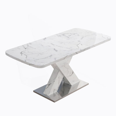 Modern Square Dining Table, Stretchable, with Printed Marble Table Top+MDF