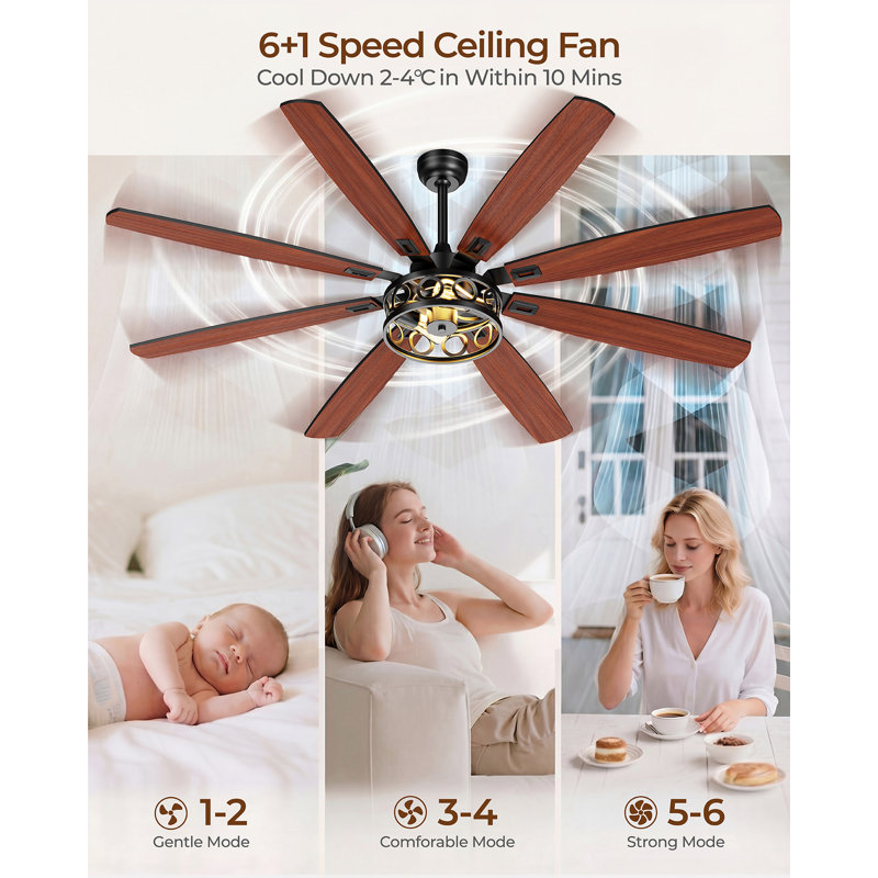72" 8-Blade Vintage Caged Ceiling Fan with Light, Remote Control , 6+1 Speed Reversible DC Motor, 72" Wide