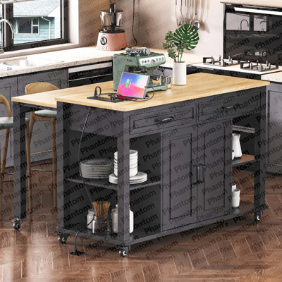 K&K 47 Inch Kitchen Island With Extendable Dining Table, Rubber Wood Veneer Kitchen Table With Internal Storage Rack, Power Outlet, Kitchen Island With Storage 2 Drawers 2 Cabinet, Black