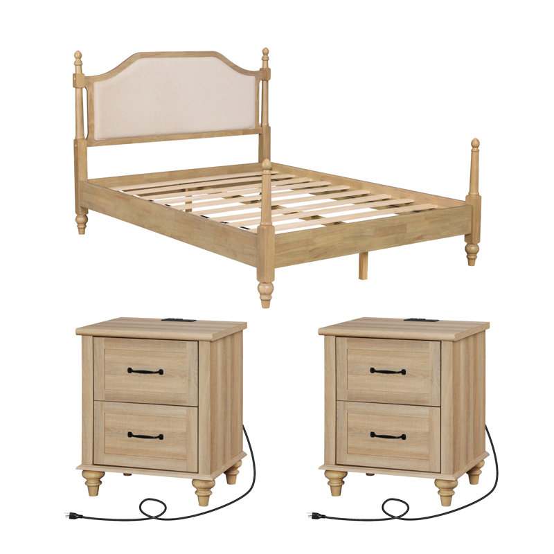 Ensemble de chambre Scarlett 3 pièces, cadre de lit Queen avec tête de lit et ensemble de 2 tables de chevet à 2 tiroirs, chêne
