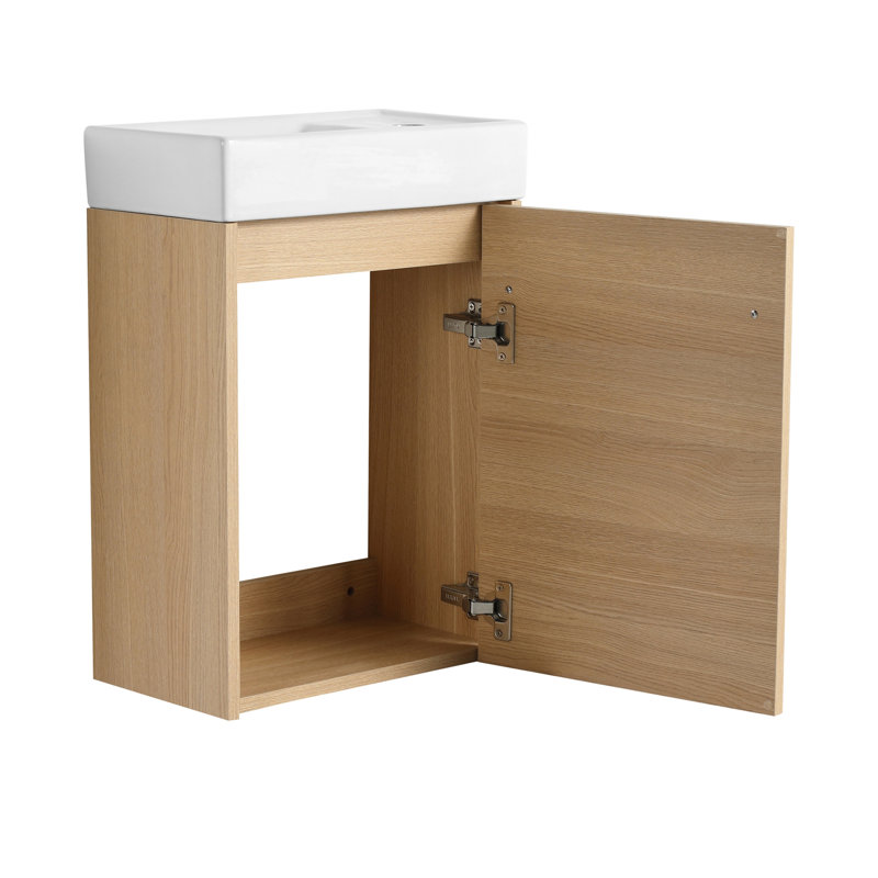16'' Floating Wall-Mounted Bathroom Vanity With Ceramic Sink & Soft-Close Cabinet Door, For Small Bathroom, 16", Light Oak