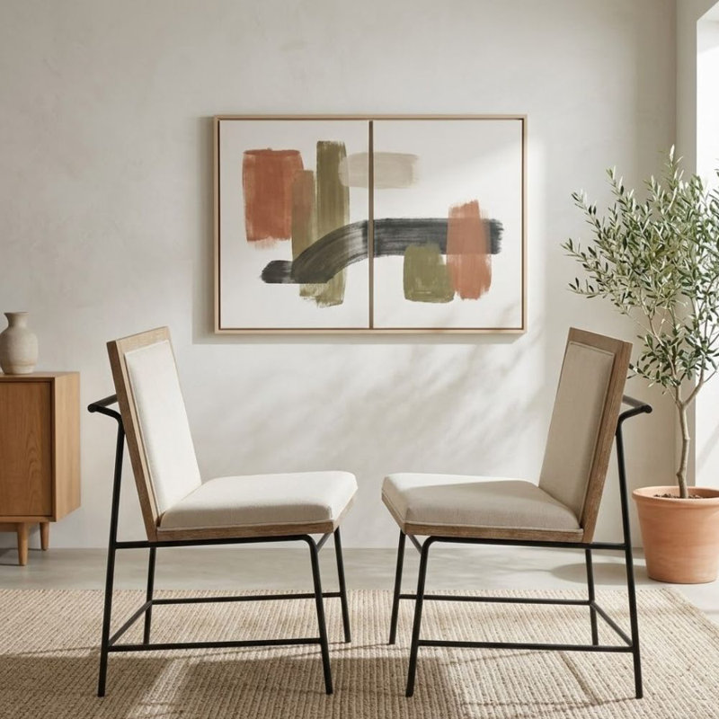 Ensemble de 2 chaises d'appoint Valer en chêne et en tissu beige avec structure en métal et dossier rembourré