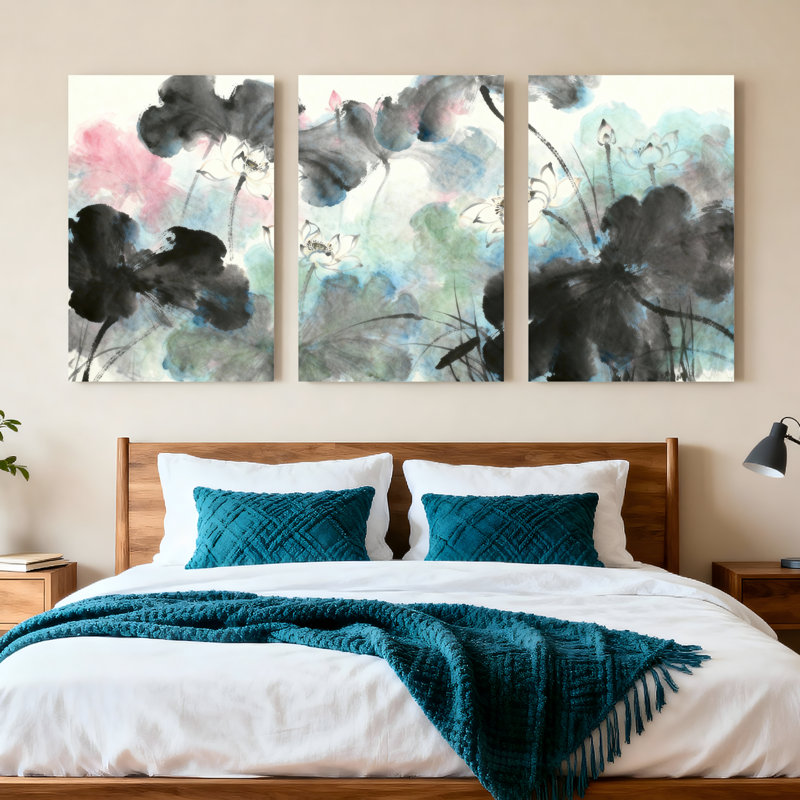 Abstrait encre de lotus floral, reproduction d'art sur toile, ensemble de 3, H 36 po x l 72 po