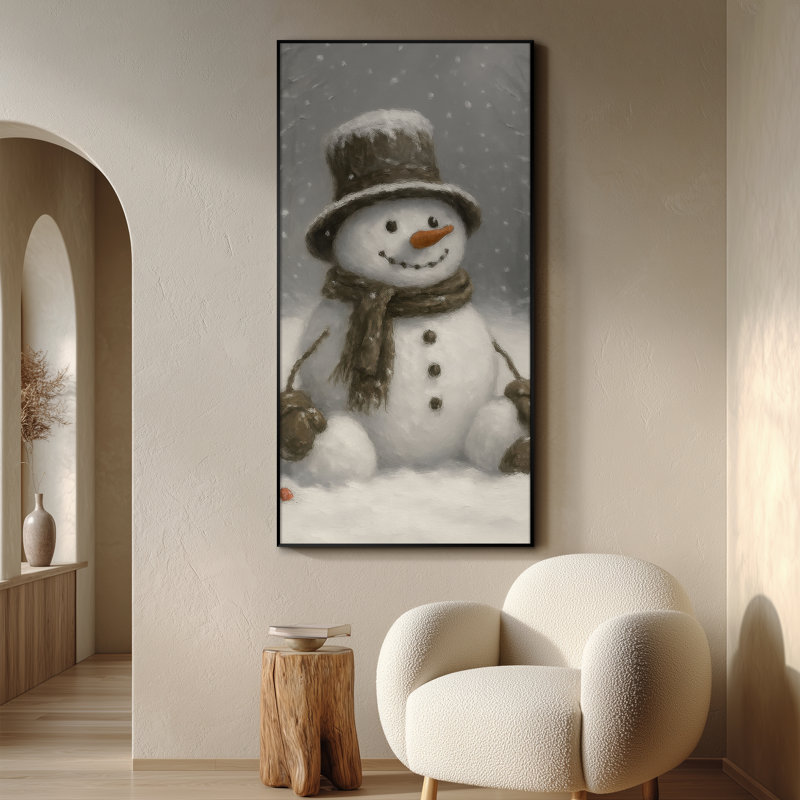 Très grand, reproduction d'art sur tissu - bonhomme de neige gris hivernal fantaisiste, décoration de chambre d'enfants - "Assemblage requis du cadre (cadre non fini)"